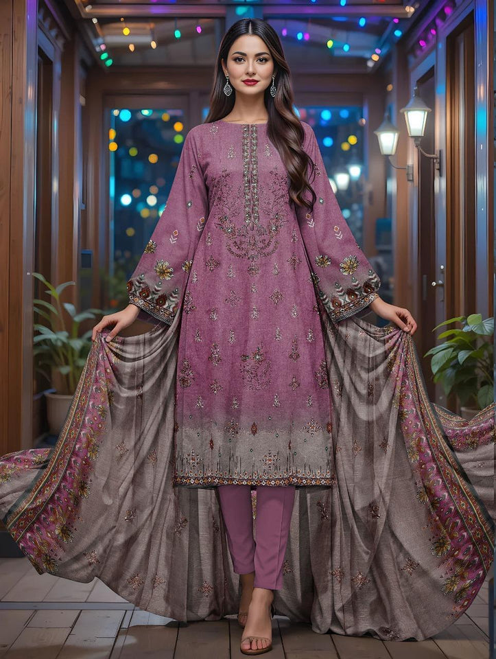 3 Pcs Women's Unstitched Embroidered & prented Suit